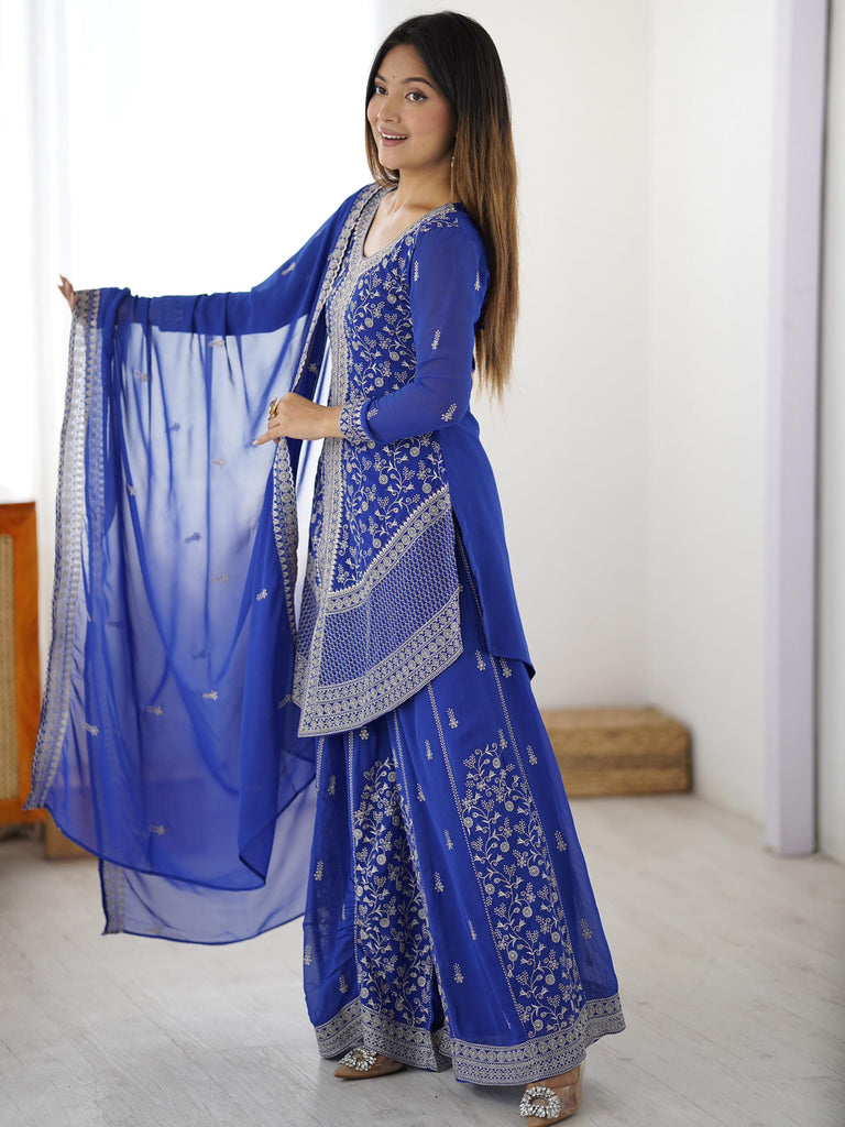 Graceful Blue Embroidered Georgette Festive Wear Palazzo Suit
