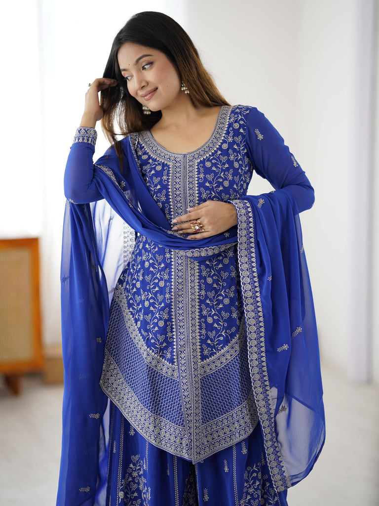 Graceful Blue Embroidered Georgette Festive Wear Palazzo Suit
