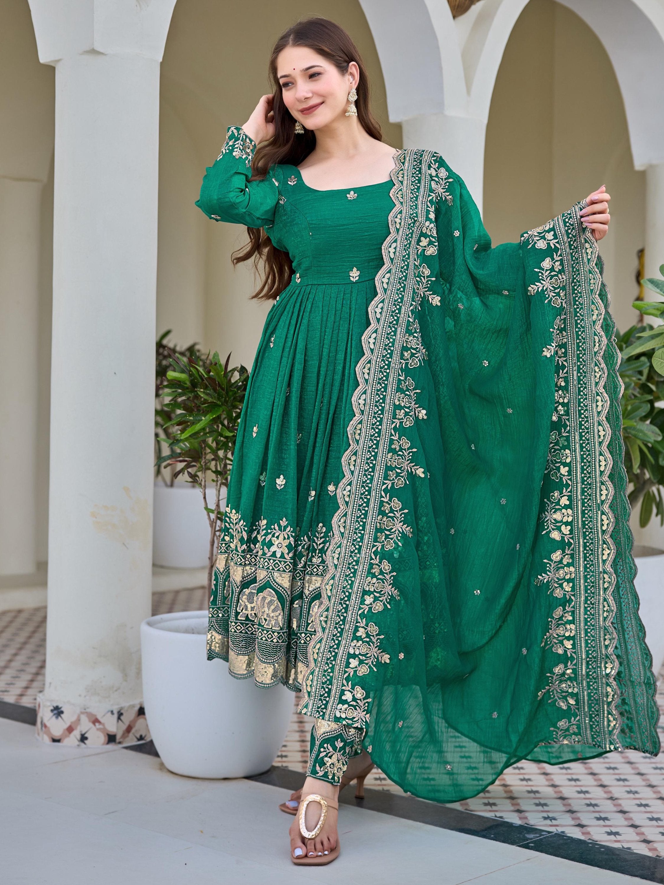 Gorgeous Green Sequins Silk Mehendi Wear Anarkali Pant Suit