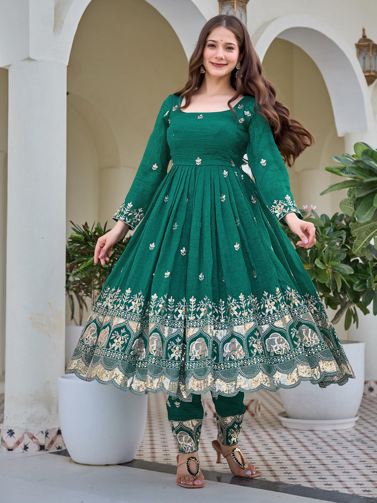 Gorgeous Green Sequins Silk Mehendi Wear Anarkali Pant Suit