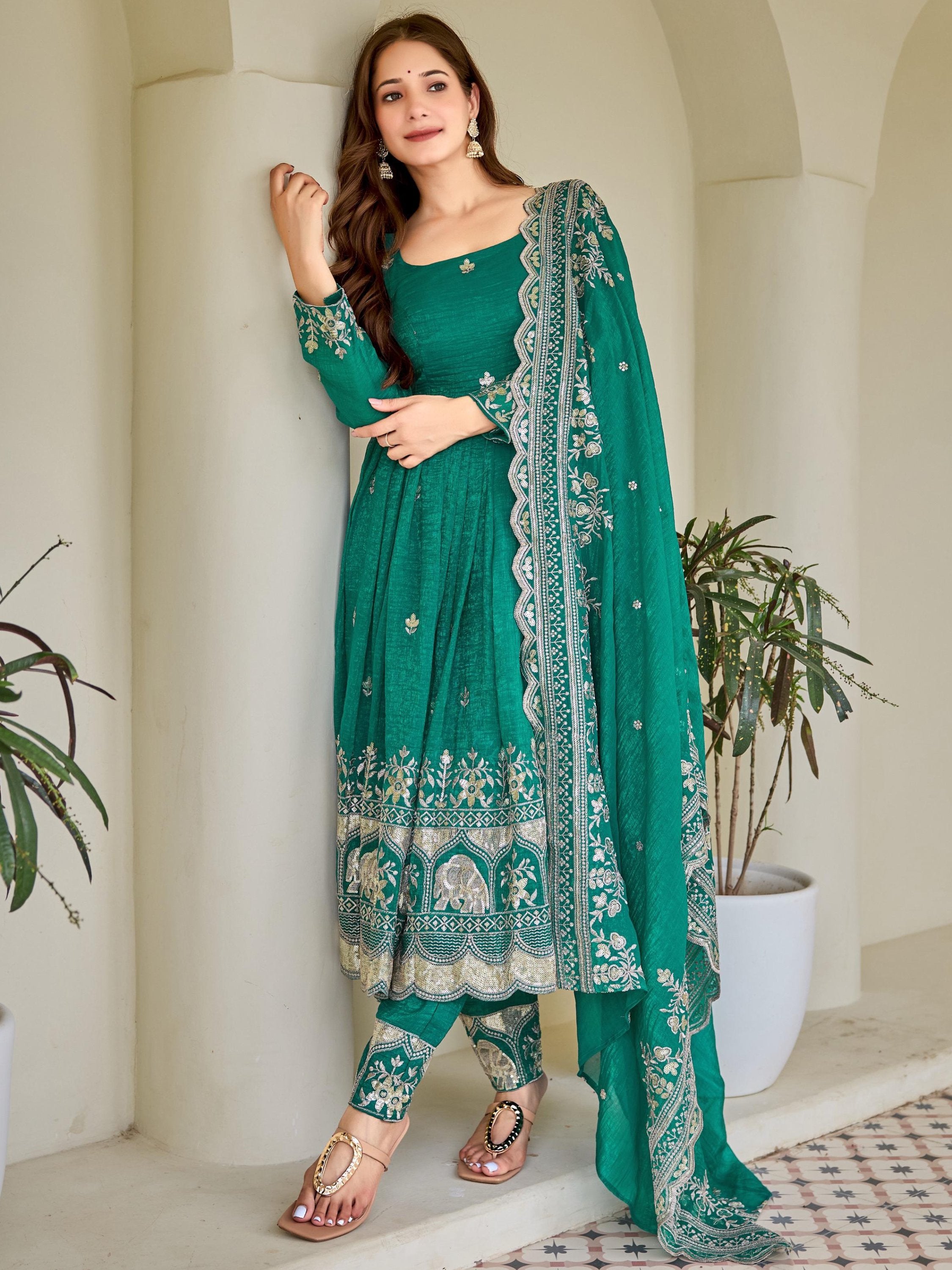 Gorgeous Green Sequins Silk Mehendi Wear Anarkali Pant Suit