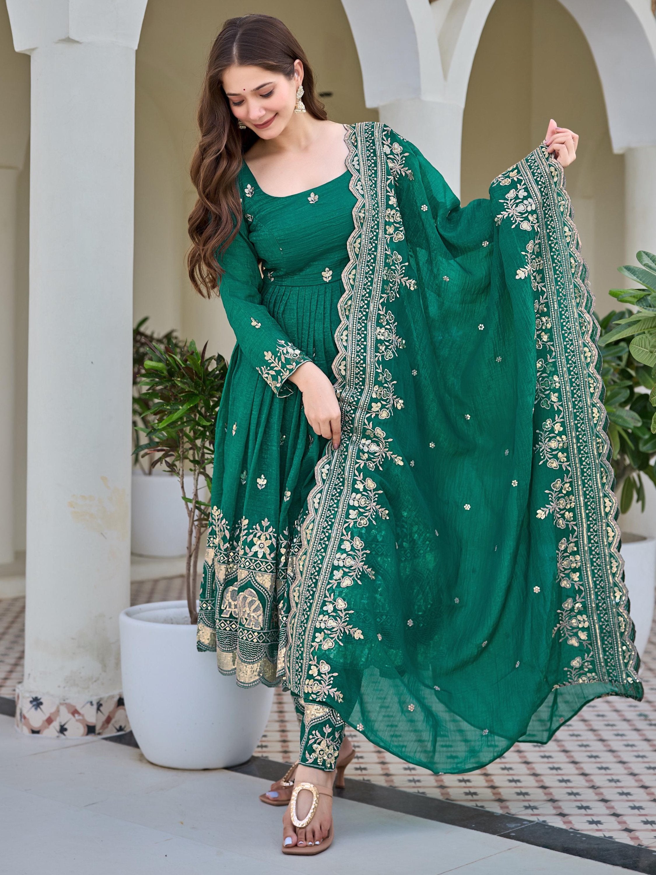 Gorgeous Green Sequins Silk Mehendi Wear Anarkali Pant Suit