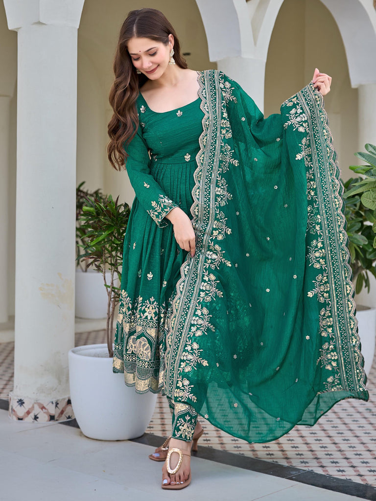 Gorgeous Green Sequins Silk Mehendi Wear Anarkali Pant Suit
