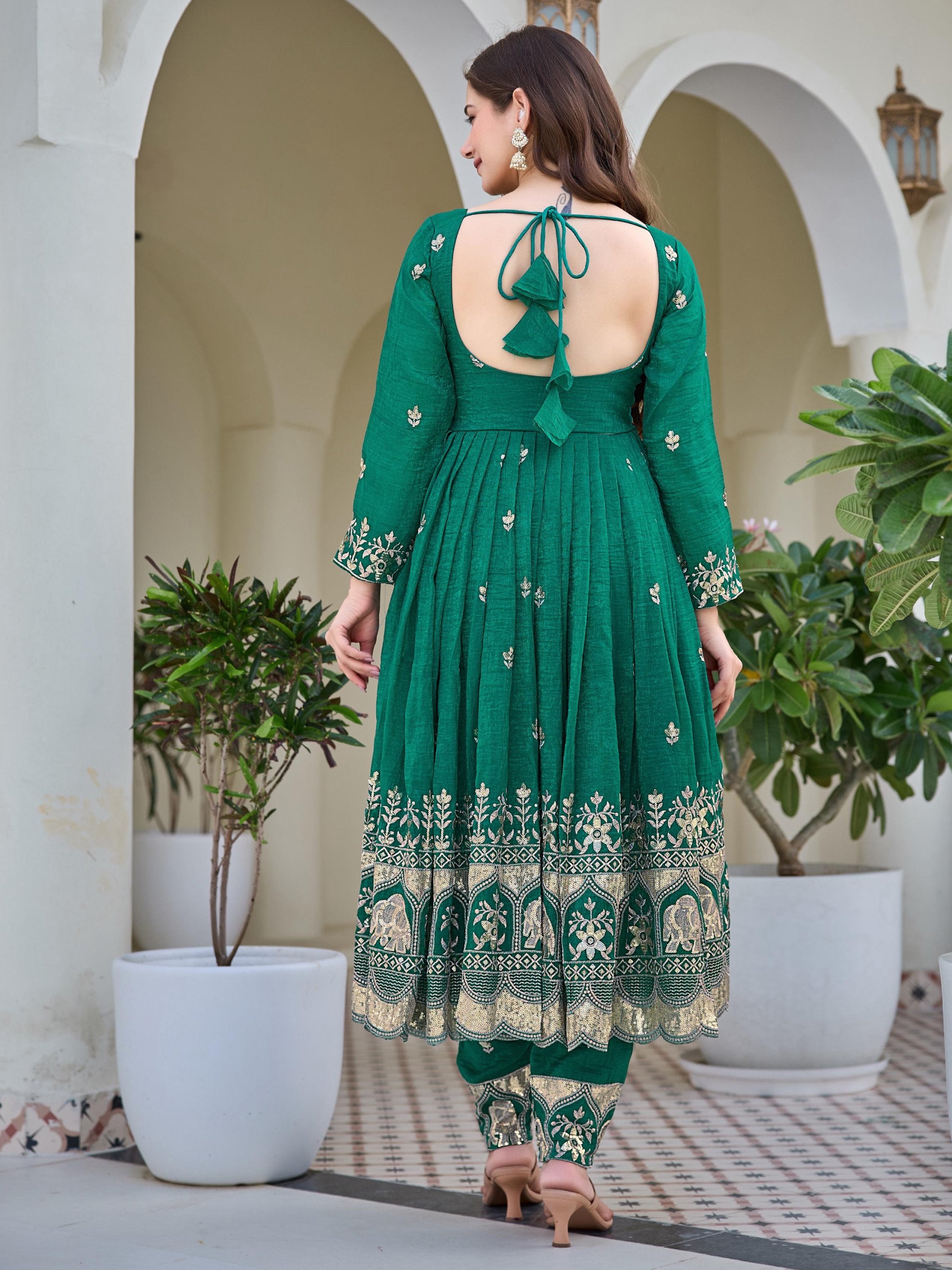 Gorgeous Green Sequins Silk Mehendi Wear Anarkali Pant Suit