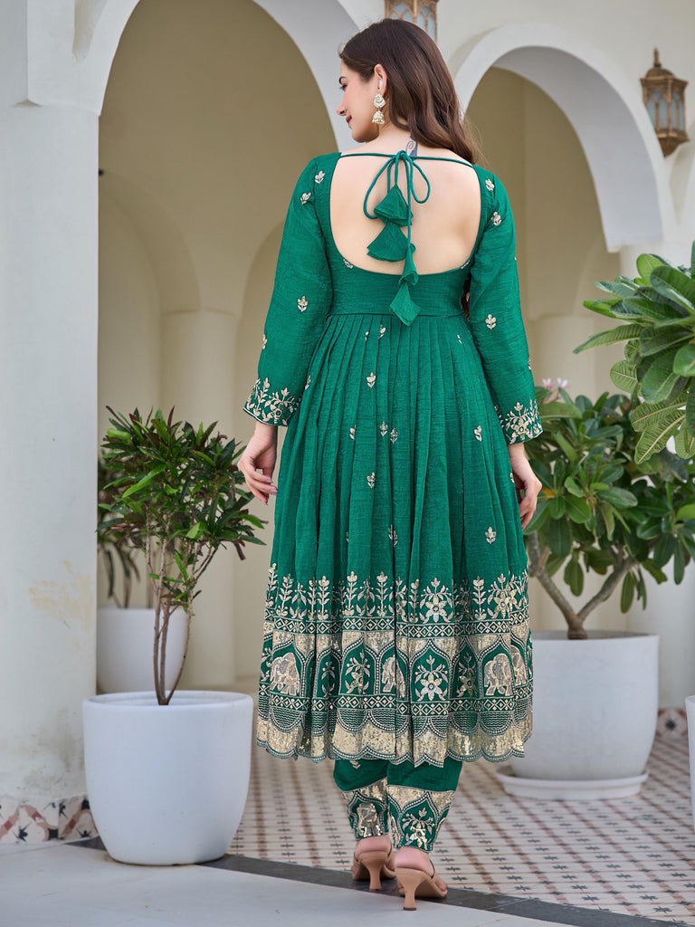 Gorgeous Green Sequins Silk Mehendi Wear Anarkali Pant Suit