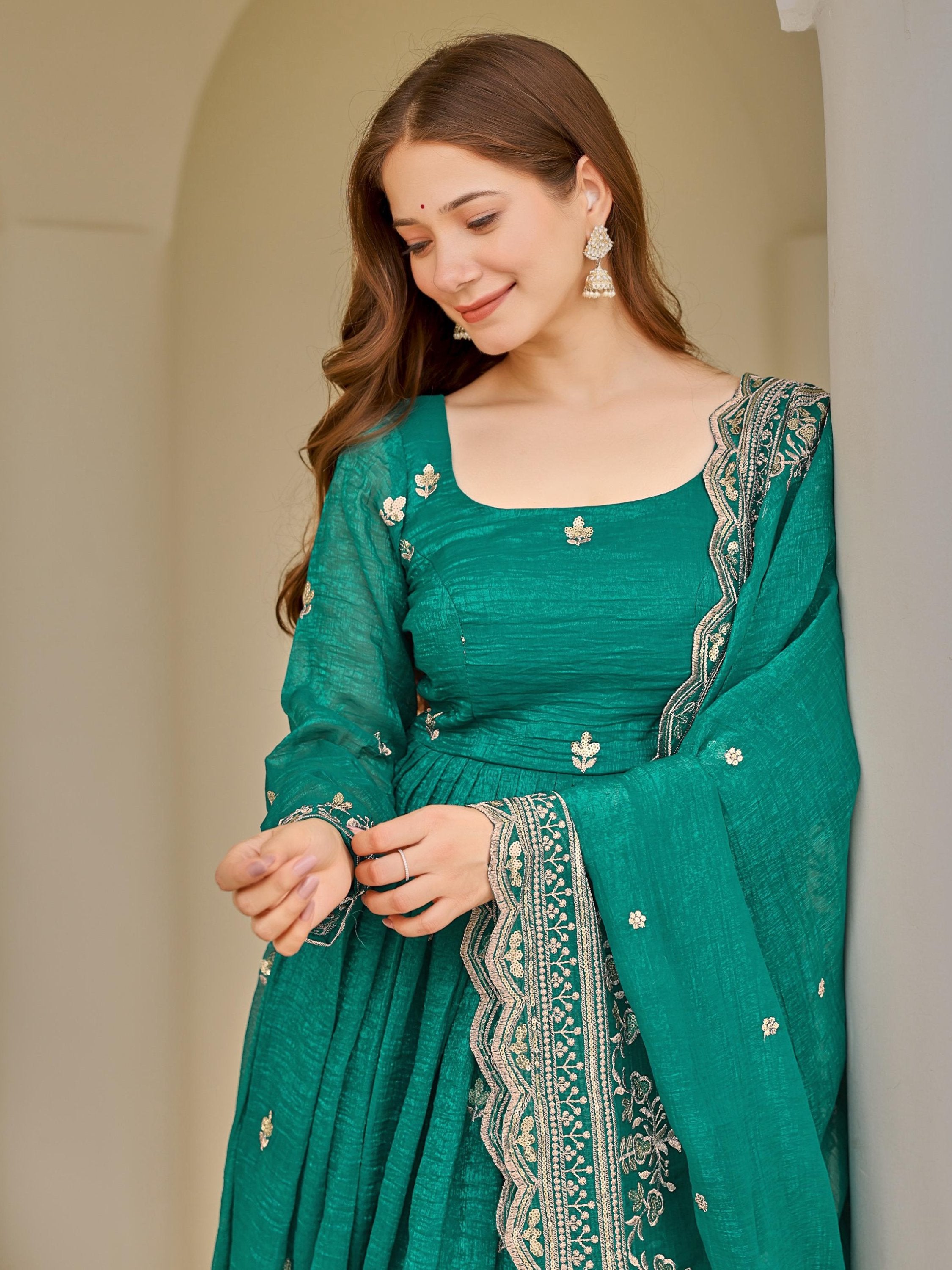 Gorgeous Green Sequins Silk Mehendi Wear Anarkali Pant Suit