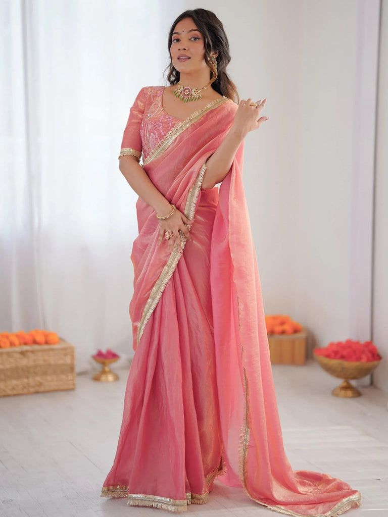 Outstanding Peach Lace Border Silk Party Wear Saree With Blouse
