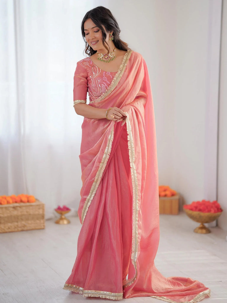 Outstanding Peach Lace Border Silk Party Wear Saree With Blouse