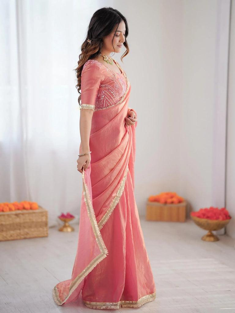Outstanding Peach Lace Border Silk Party Wear Saree With Blouse