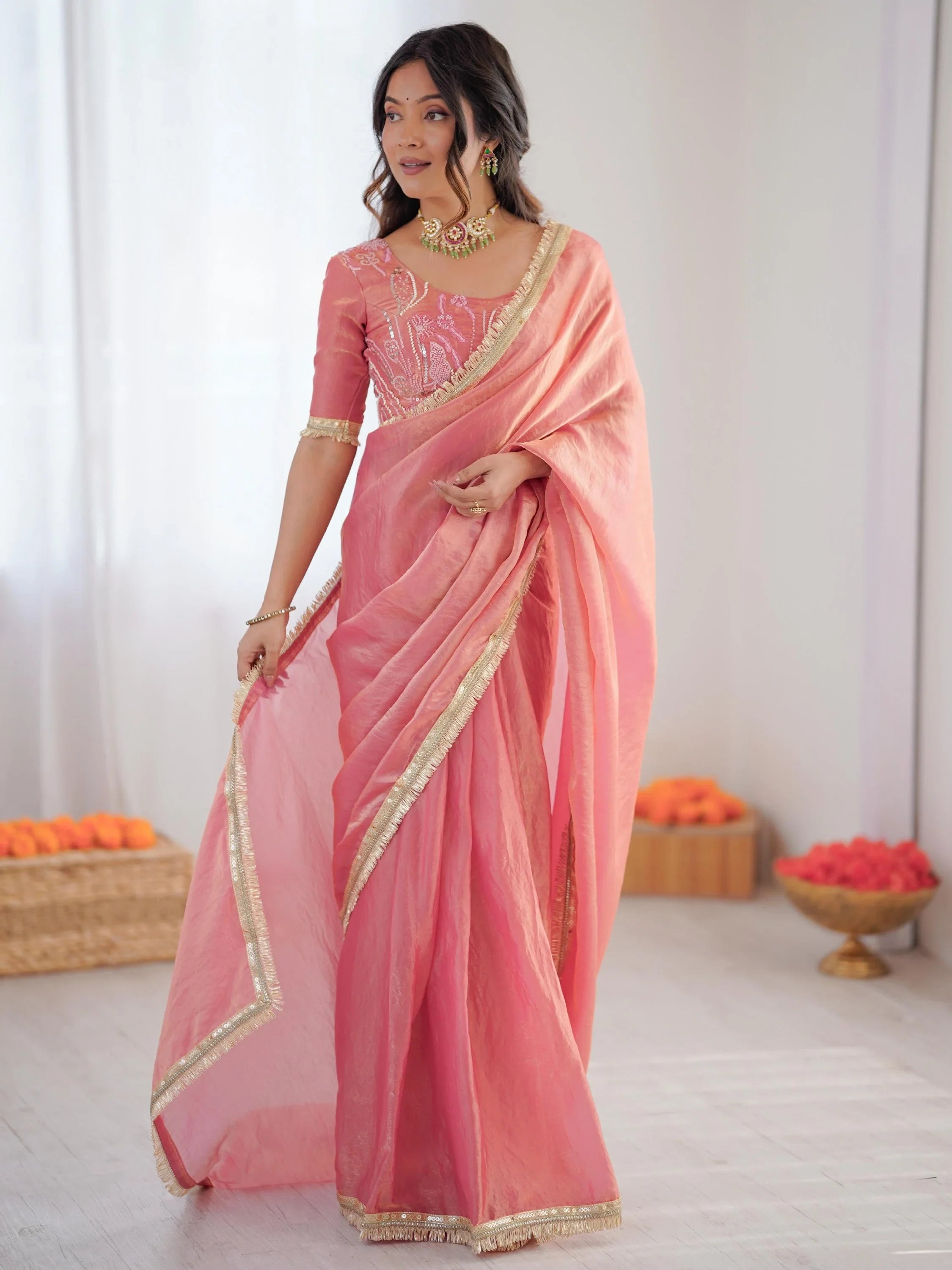 Outstanding Peach Lace Border Silk Party Wear Saree With Blouse