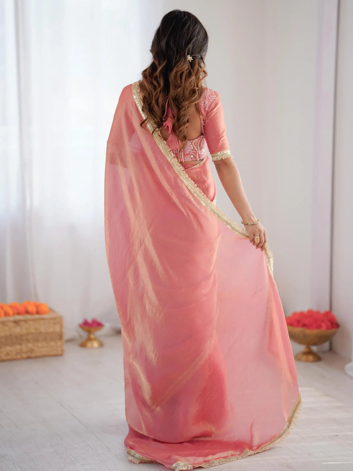 Outstanding Peach Lace Border Silk Party Wear Saree With Blouse