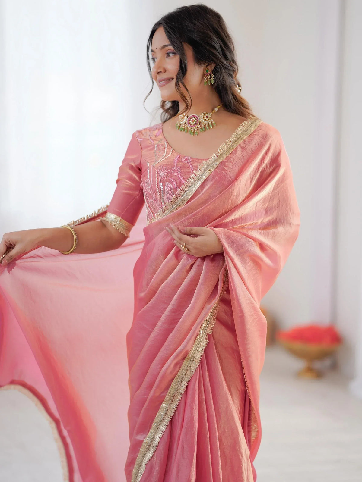 Outstanding Peach Lace Border Silk Party Wear Saree With Blouse