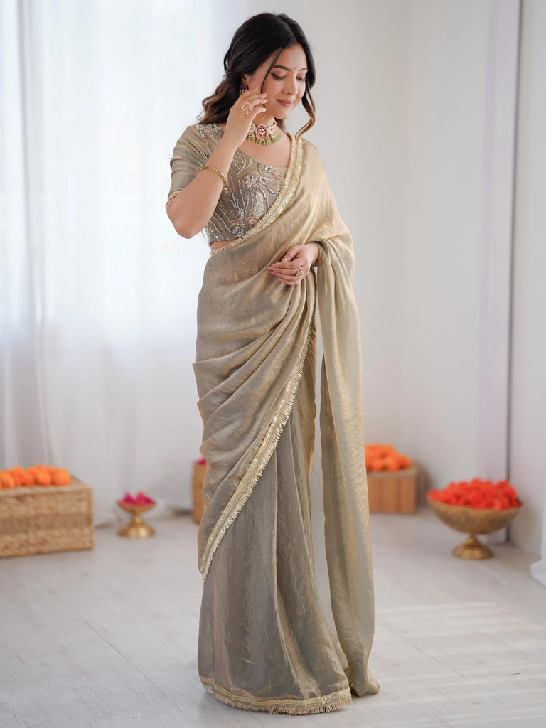 Stylish Gray Bead Work Silk Function Wear Saree With Blouse