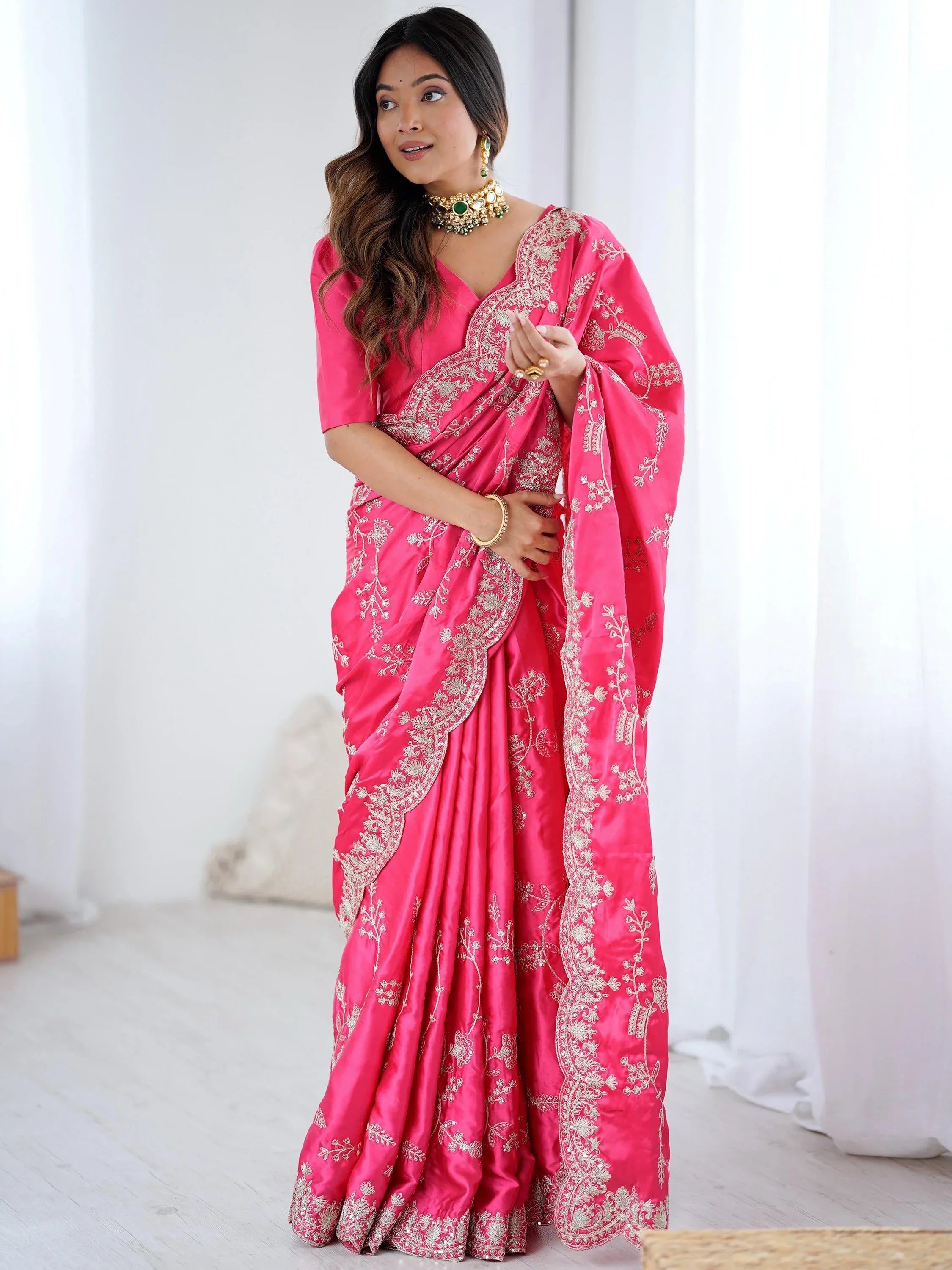 Breathtaking Pink Coding Work Satin Engagement Wear Saree With Blouse
