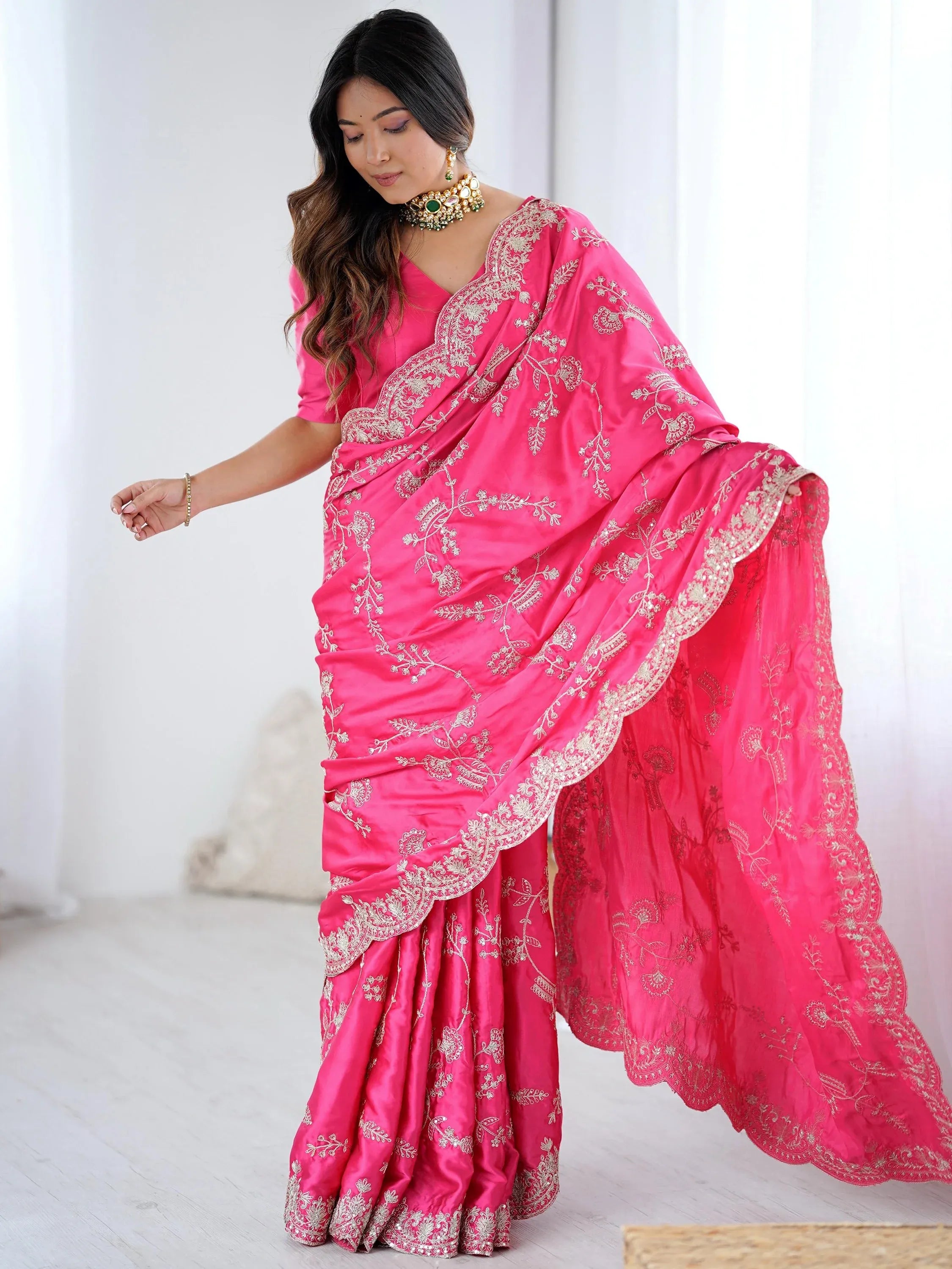 Breathtaking Pink Coding Work Satin Engagement Wear Saree With Blouse