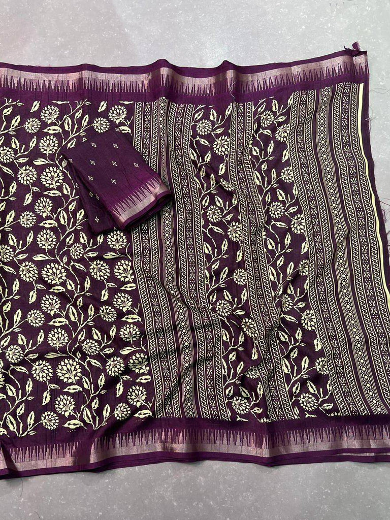 Majestic Wine Floral Printed Silk Casual Wear Saree With Blouse