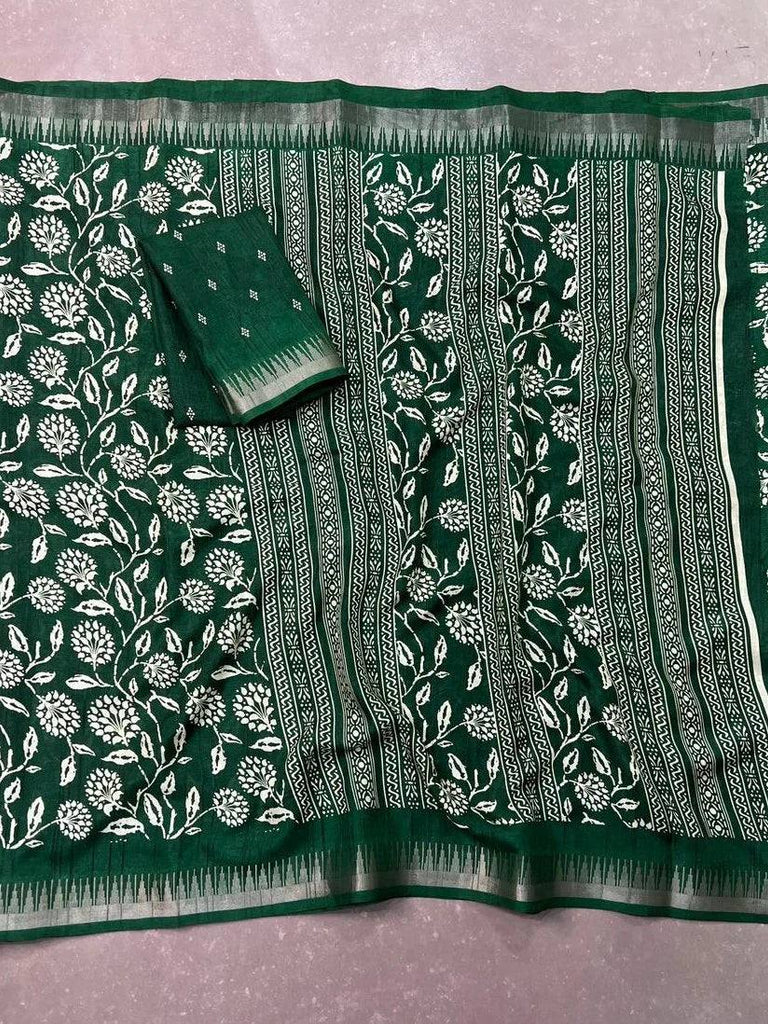 Fantastic Green Flower Print Silk Mehendi Wear Saree With Blouse