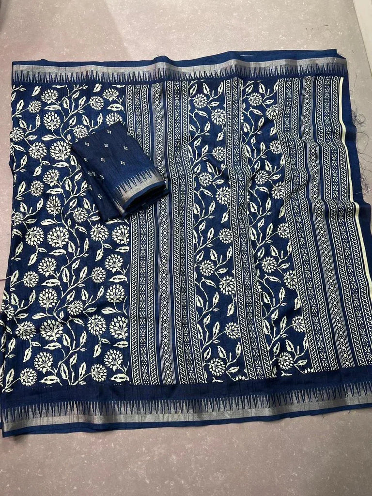 Classy Navy Blue Floral Printed Silk Office Wear Saree With Blouse