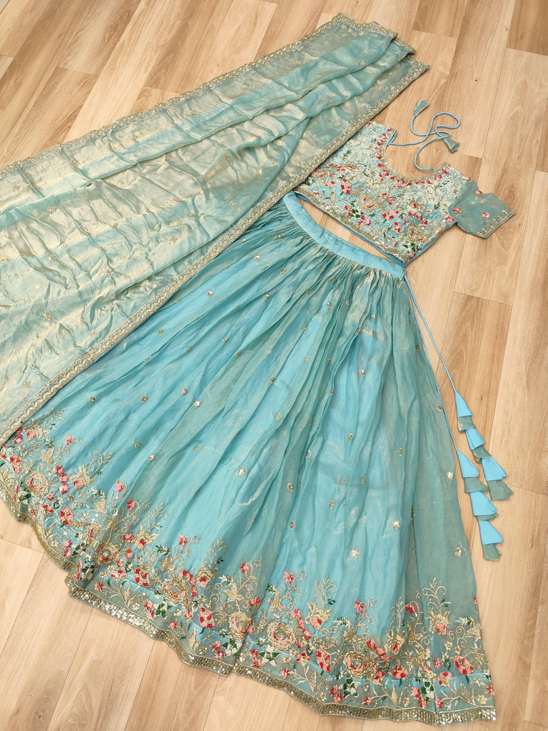 Rich Sky Blue Thread Work Silk Festive Wear Lehenga Choli With Dupatta