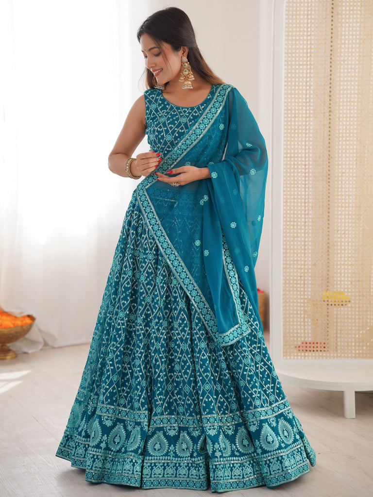 Dazzling Teal Blue Thread Work Georgette Function Wear Lehenga Choli