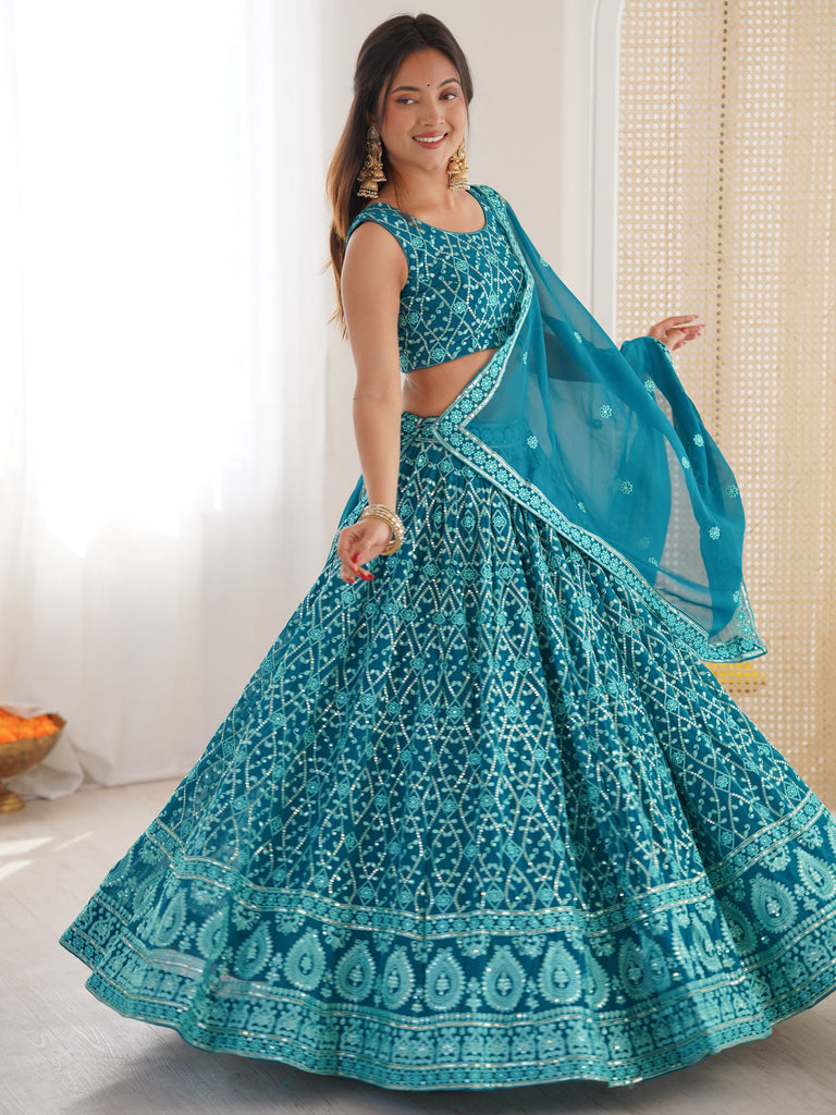 Dazzling Teal Blue Thread Work Georgette Function Wear Lehenga Choli