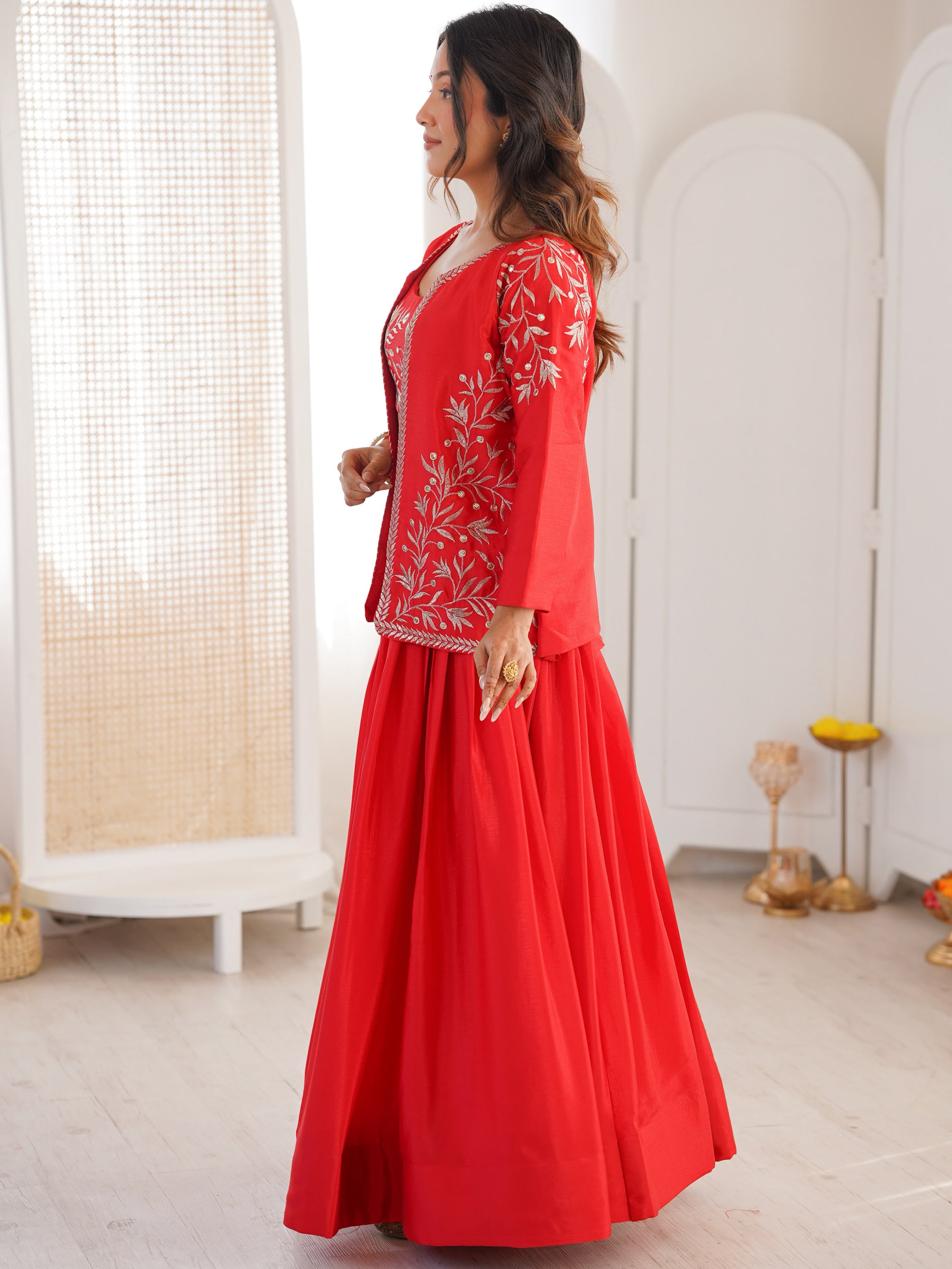 Classy Red Thread Work Chinon Function Wear Lehenga Choli With Koti