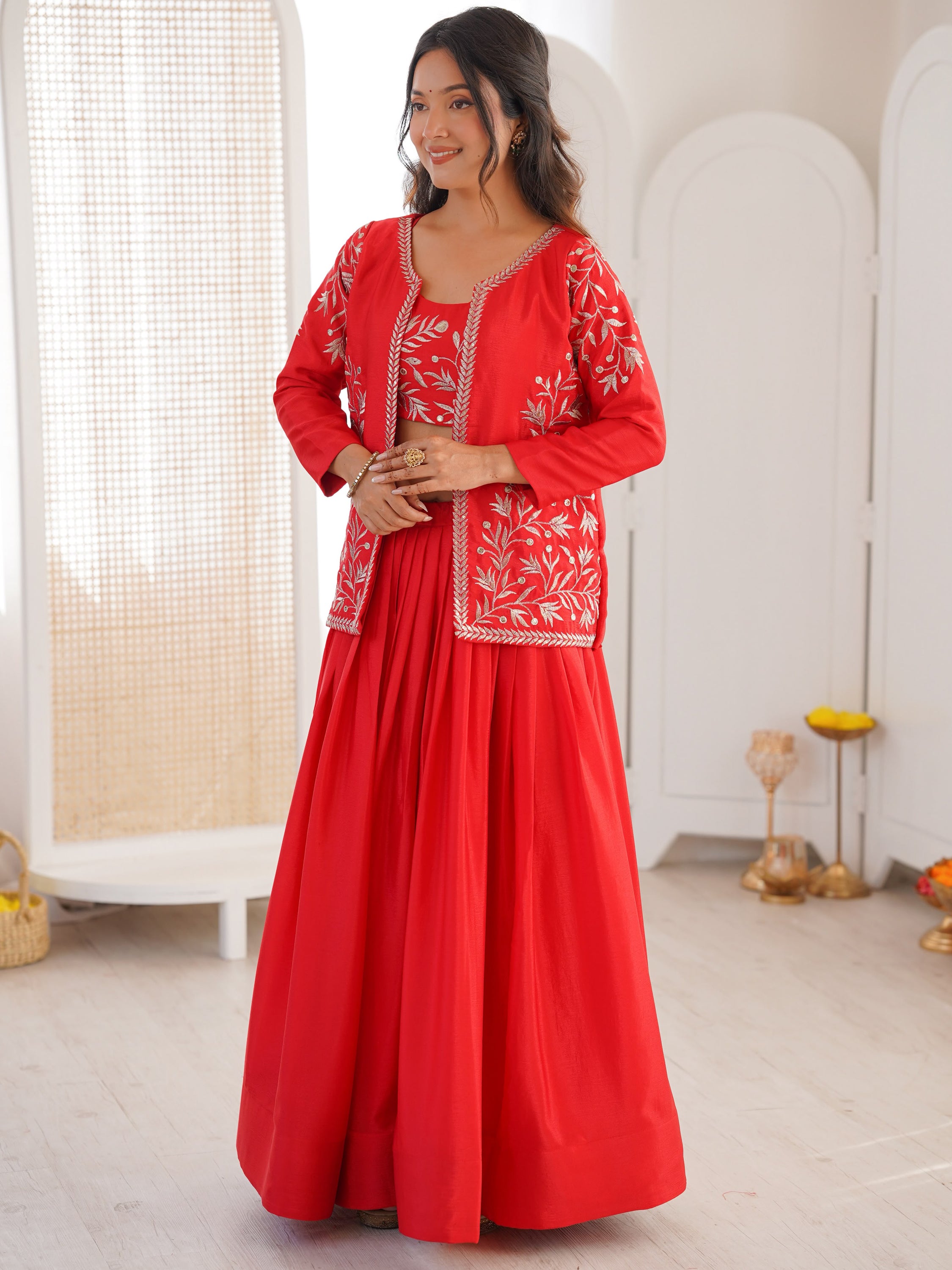 Classy Red Thread Work Chinon Function Wear Lehenga Choli With Koti