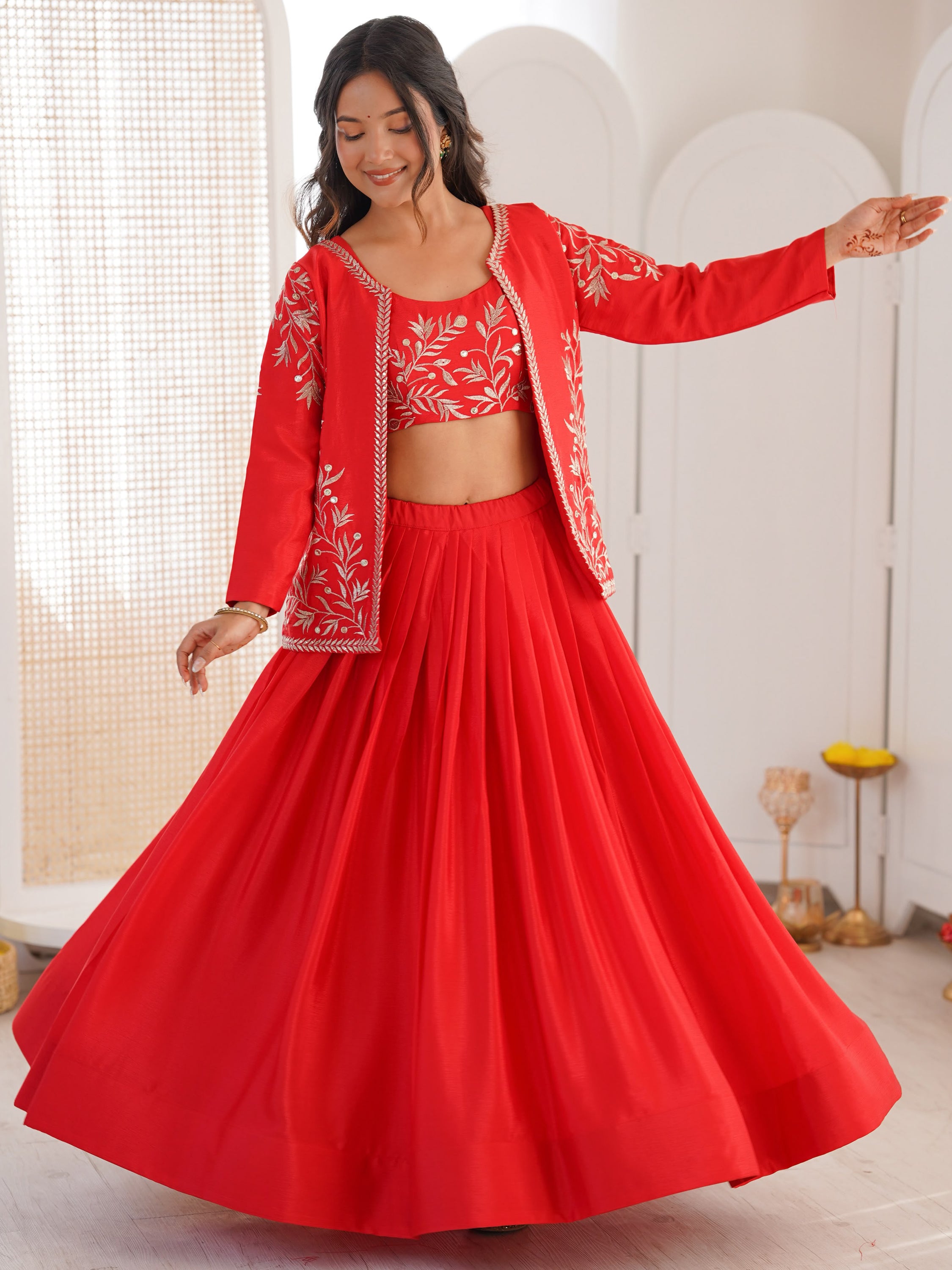 Classy Red Thread Work Chinon Function Wear Lehenga Choli With Koti