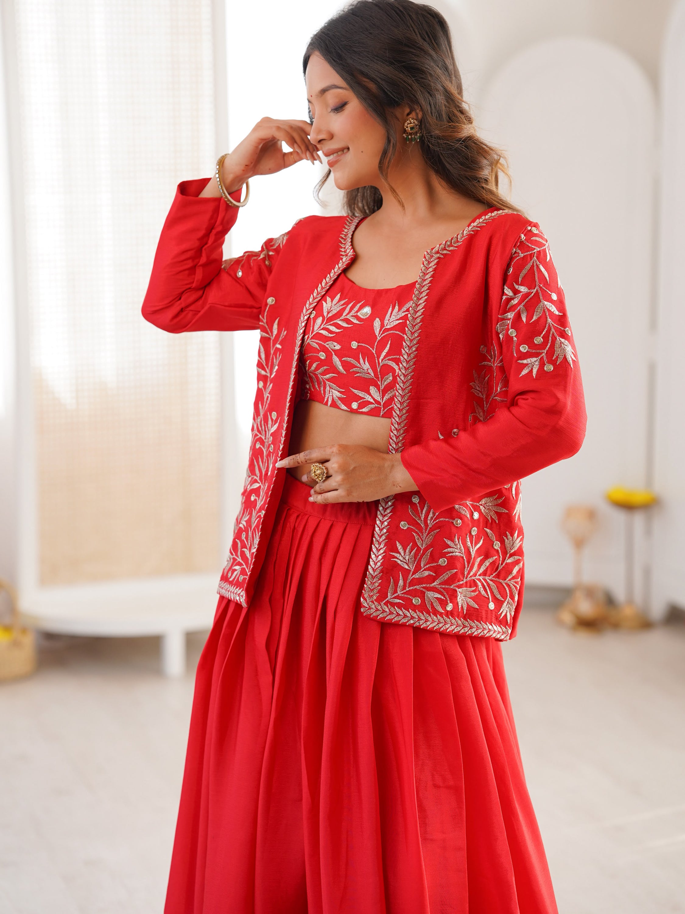 Classy Red Thread Work Chinon Function Wear Lehenga Choli With Koti