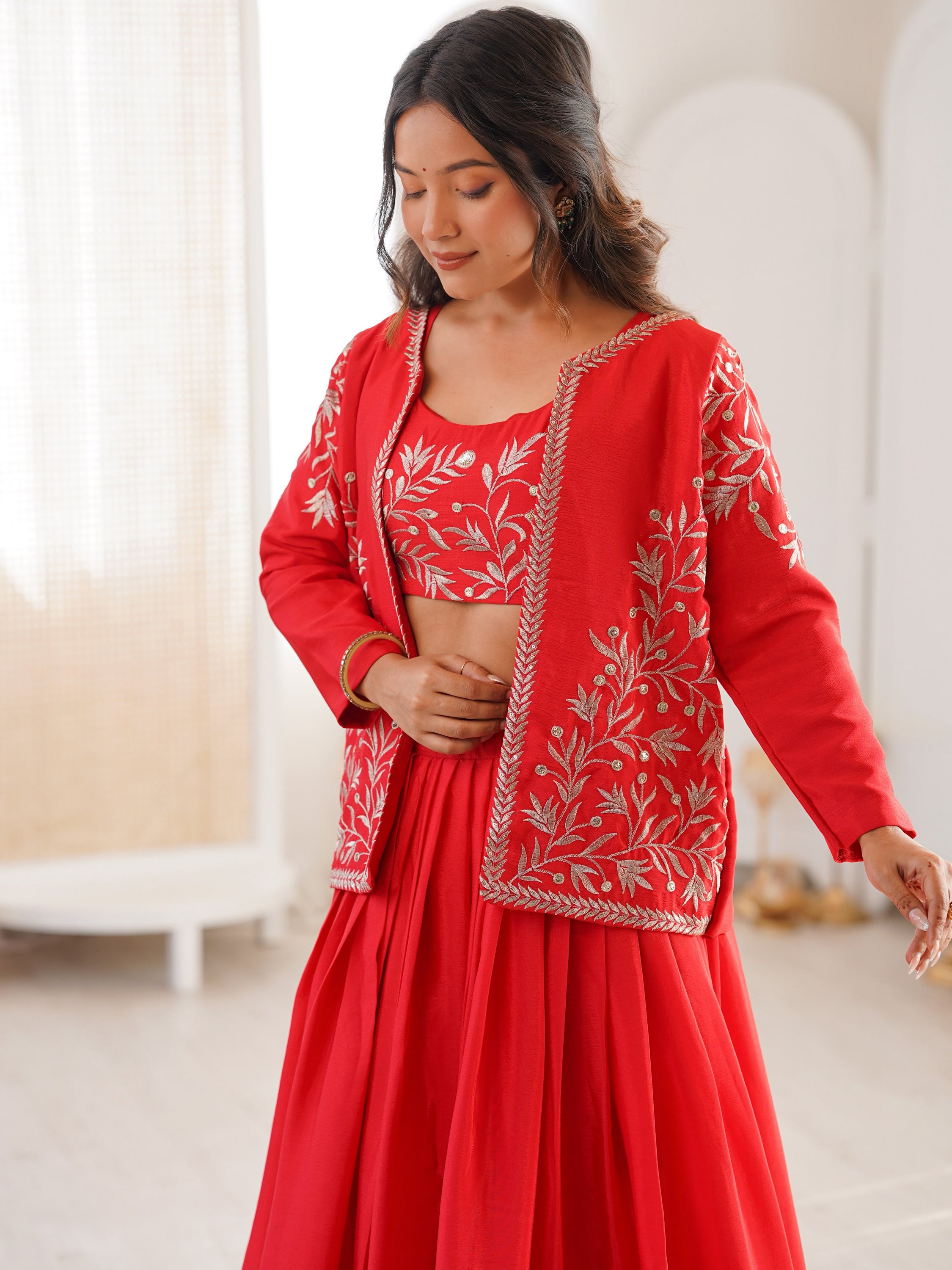 Classy Red Thread Work Chinon Function Wear Lehenga Choli With Koti