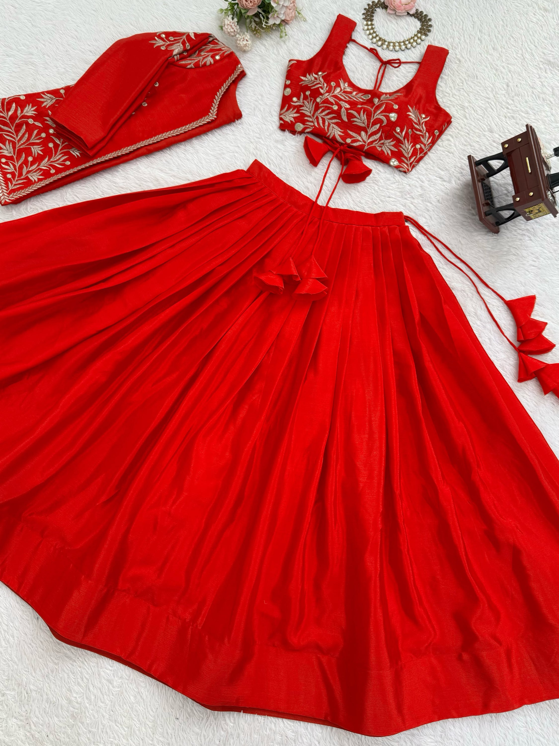 Classy Red Thread Work Chinon Function Wear Lehenga Choli With Koti
