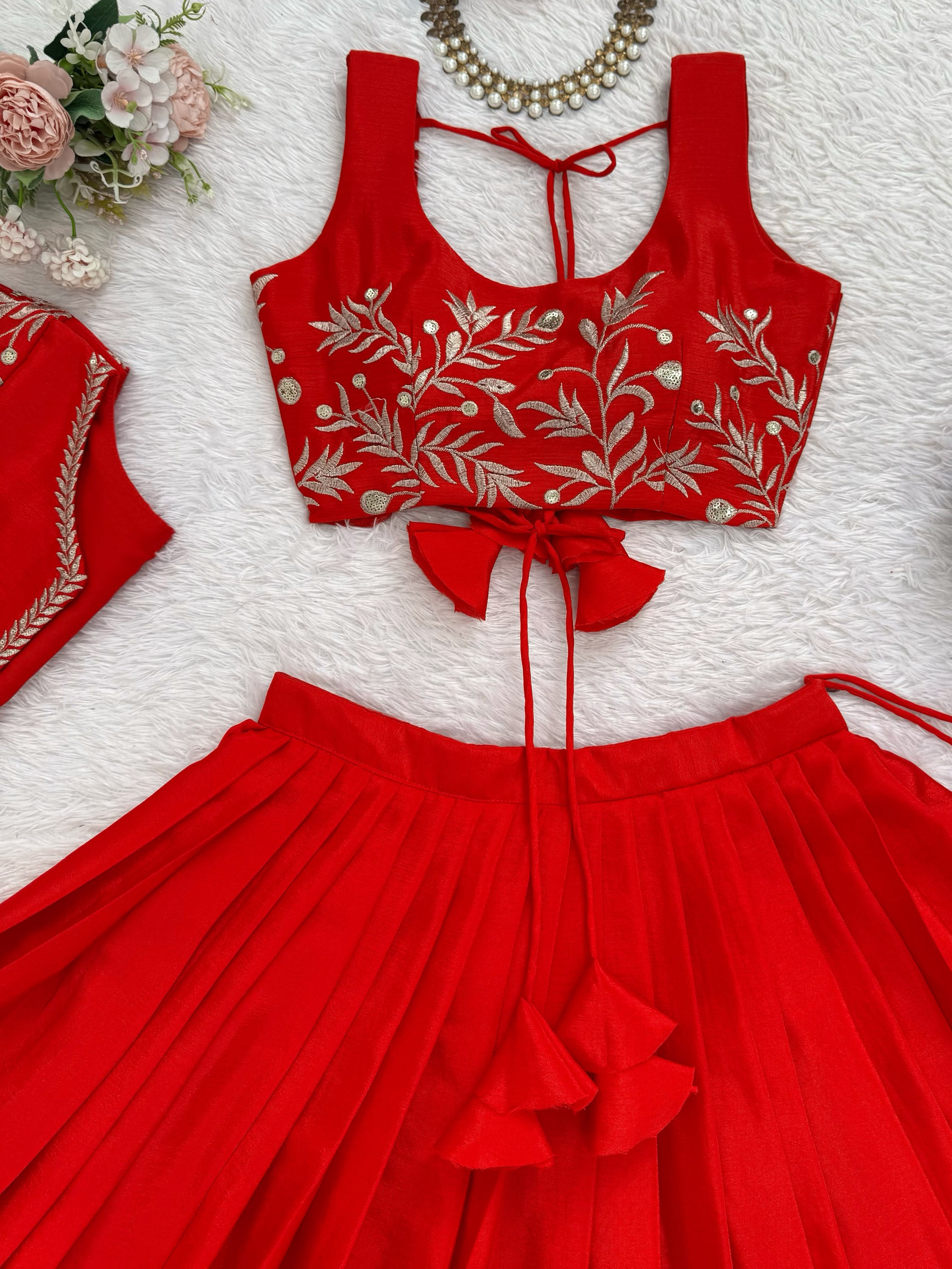 Classy Red Thread Work Chinon Function Wear Lehenga Choli With Koti