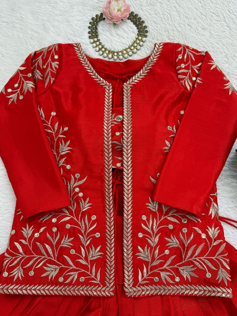 Classy Red Thread Work Chinon Function Wear Lehenga Choli With Koti