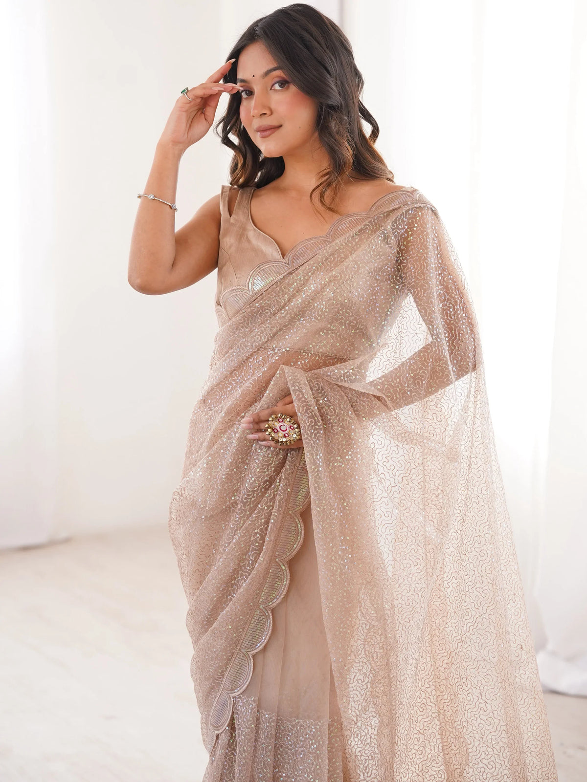 Phenomenal Beige Sequins Net Event Wear Saree With Blouse