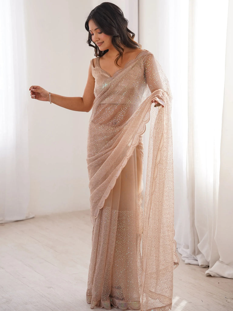 Phenomenal Beige Sequins Net Event Wear Saree With Blouse