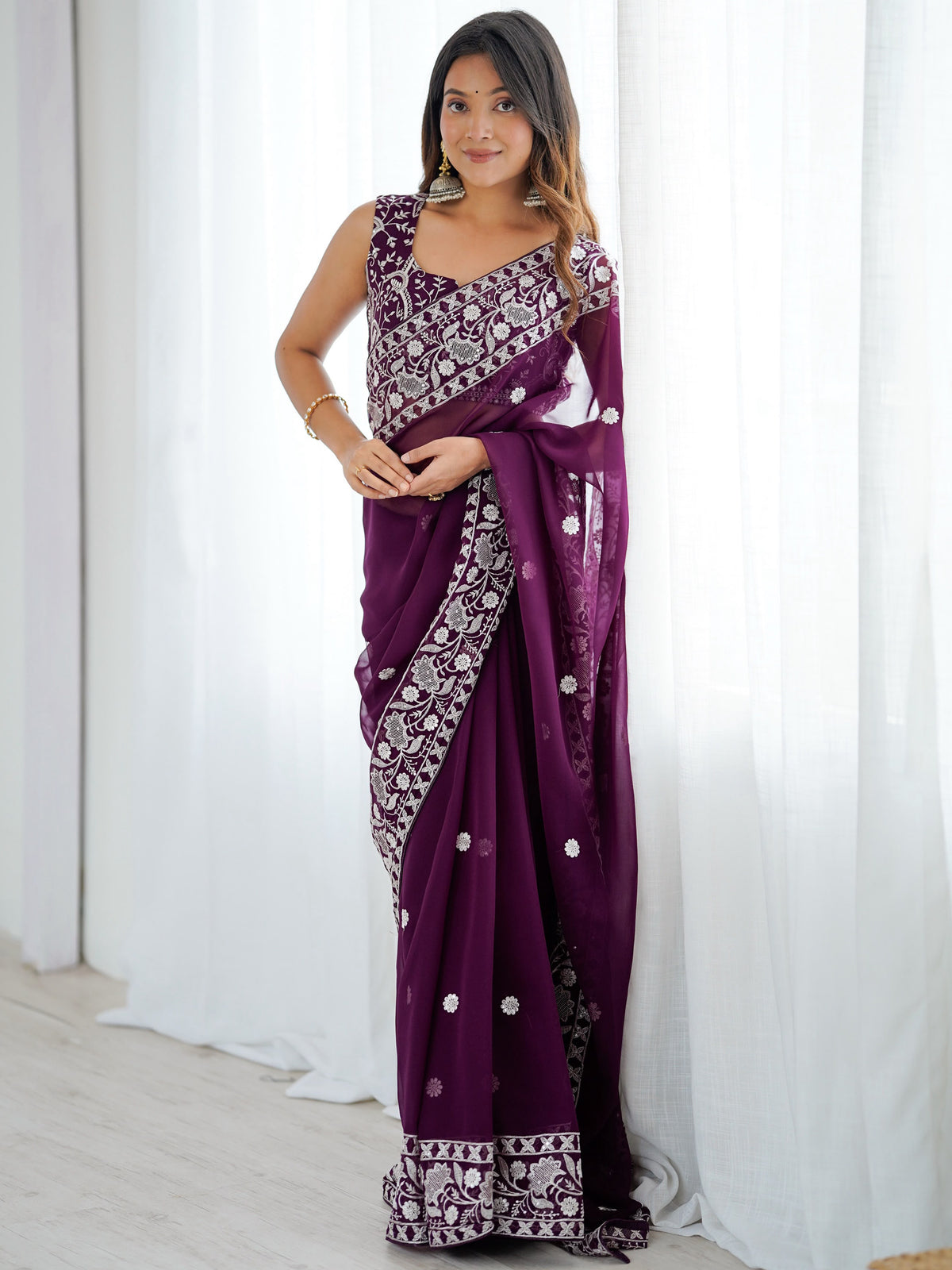 Captivating Purple Thread Work Georgette Function Wear Saree With Blouse