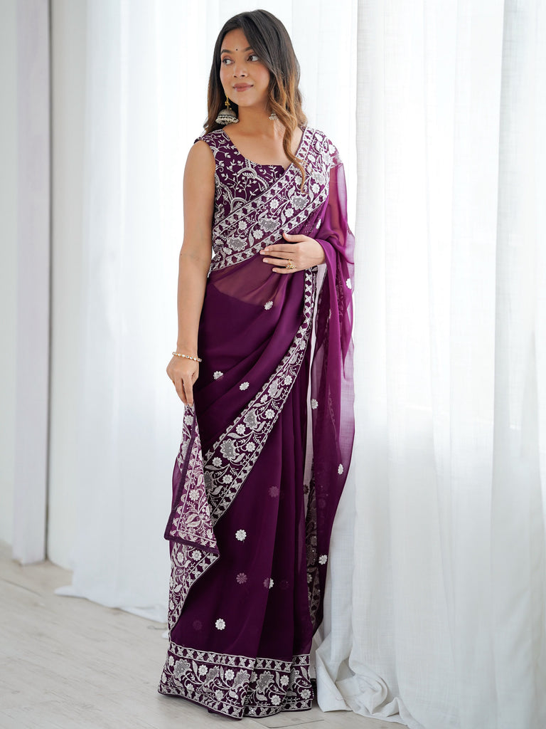 Captivating Purple Thread Work Georgette Function Wear Saree With Blouse