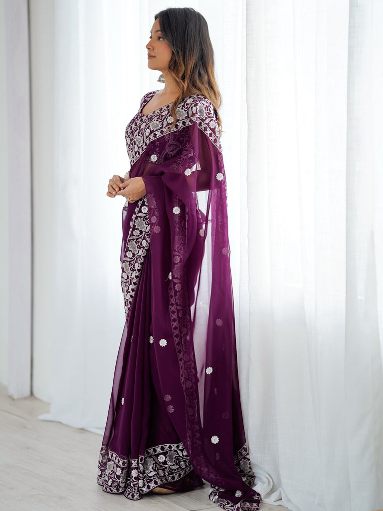 Captivating Purple Thread Work Georgette Function Wear Saree With Blouse