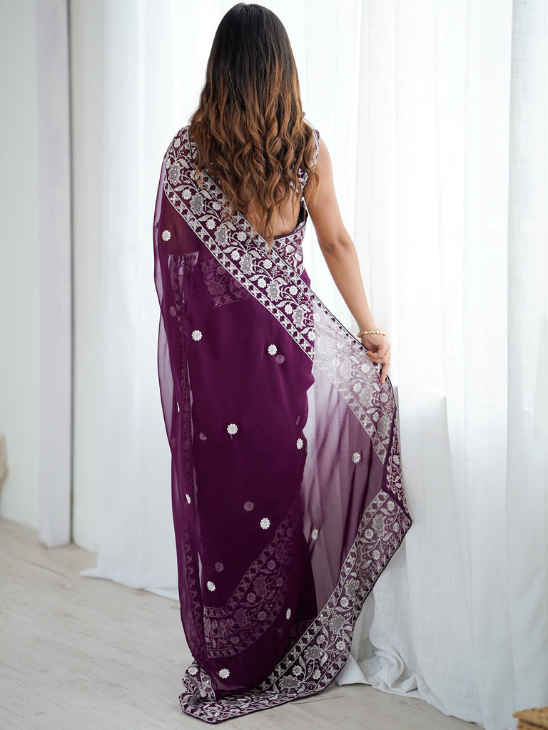 Captivating Purple Thread Work Georgette Function Wear Saree With Blouse