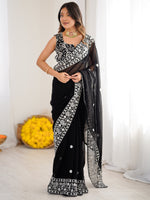 Esthetics Black Embroidered Georgette Traditional Saree With Blouse