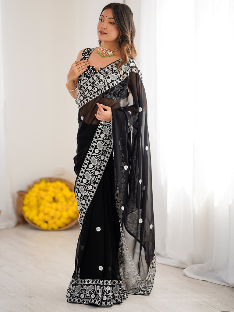 Esthetics Black Embroidered Georgette Traditional Saree With Blouse