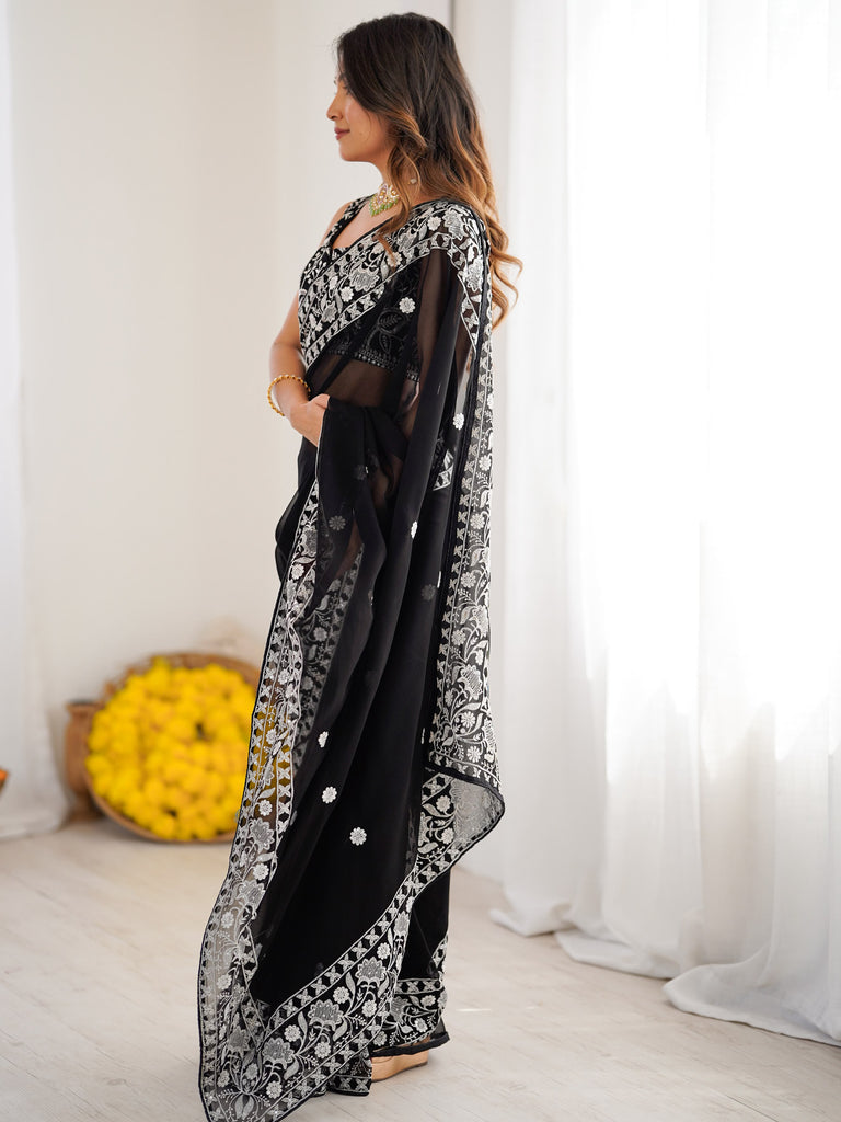 Esthetics Black Embroidered Georgette Traditional Saree With Blouse