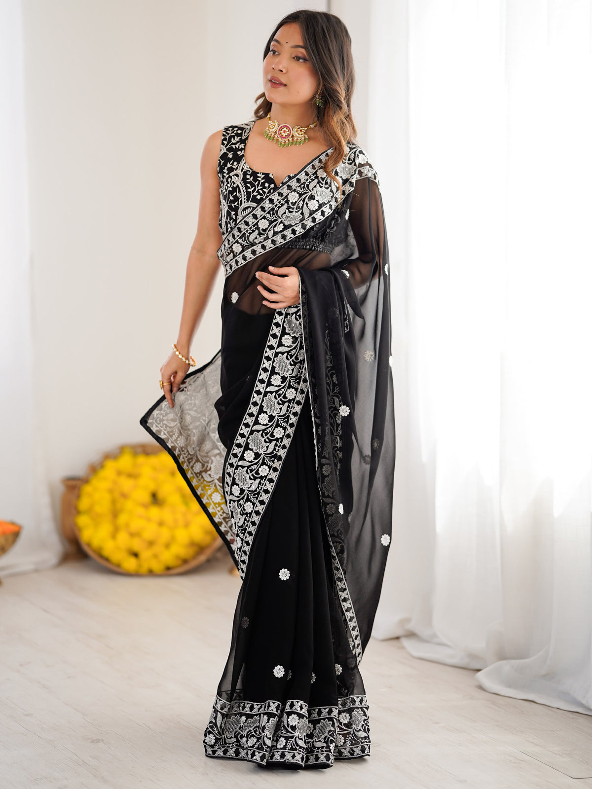 Esthetics Black Embroidered Georgette Traditional Saree With Blouse