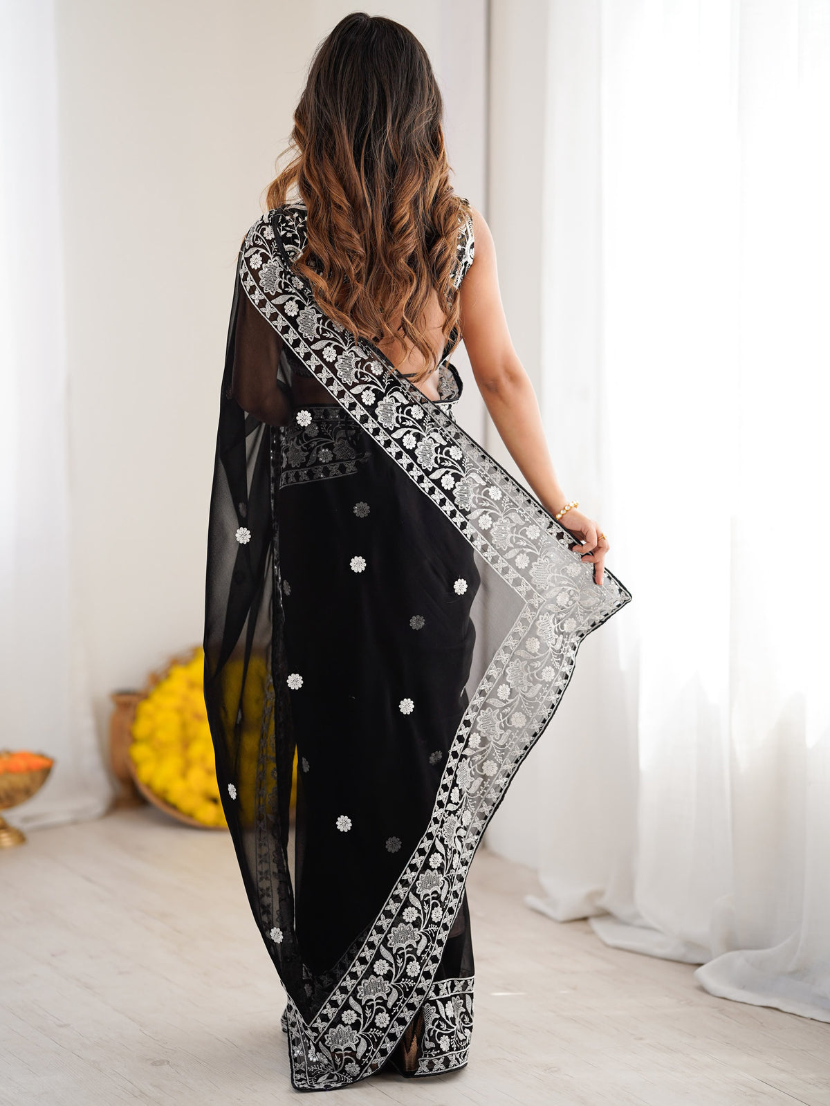 Esthetics Black Embroidered Georgette Traditional Saree With Blouse