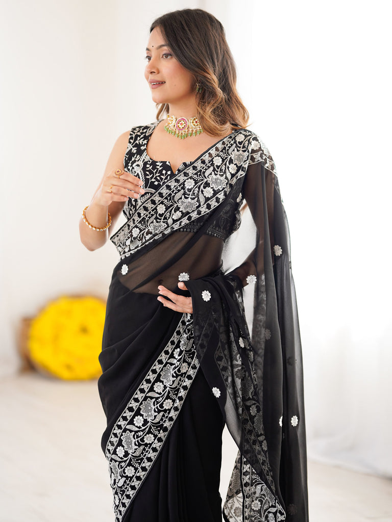 Esthetics Black Embroidered Georgette Traditional Saree With Blouse