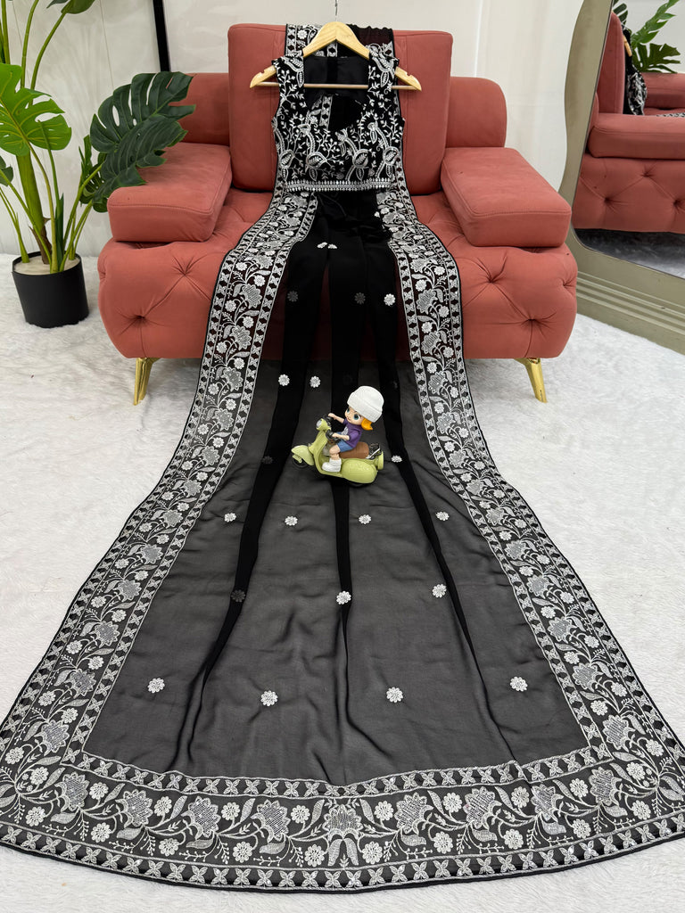 Esthetics Black Embroidered Georgette Traditional Saree With Blouse