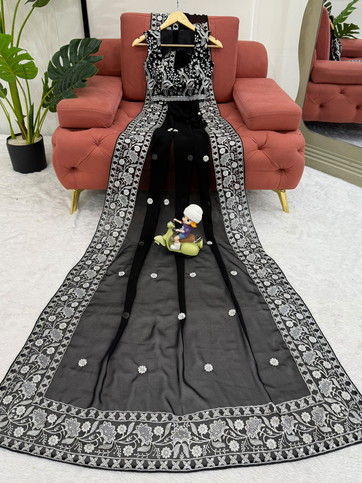 Esthetics Black Embroidered Georgette Traditional Saree With Blouse