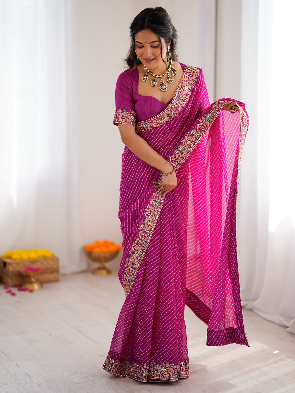 Pretty Pink Leheriya Printed Georgette Wedding Wear Saree With Blouse