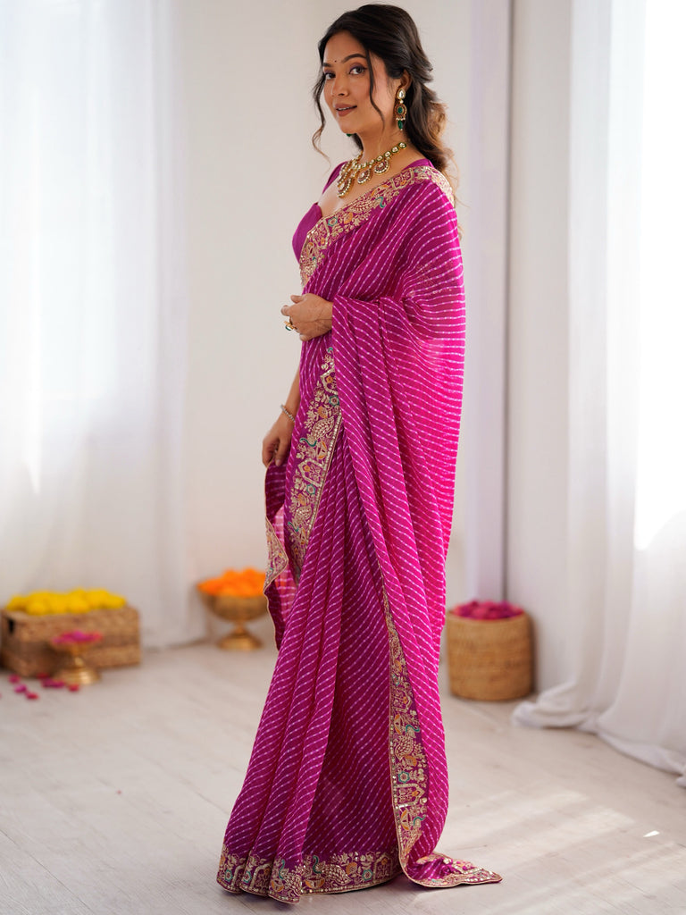 Pretty Pink Leheriya Printed Georgette Wedding Wear Saree With Blouse