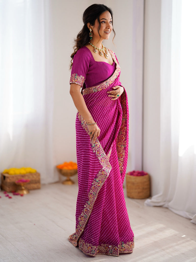Pretty Pink Leheriya Printed Georgette Wedding Wear Saree With Blouse